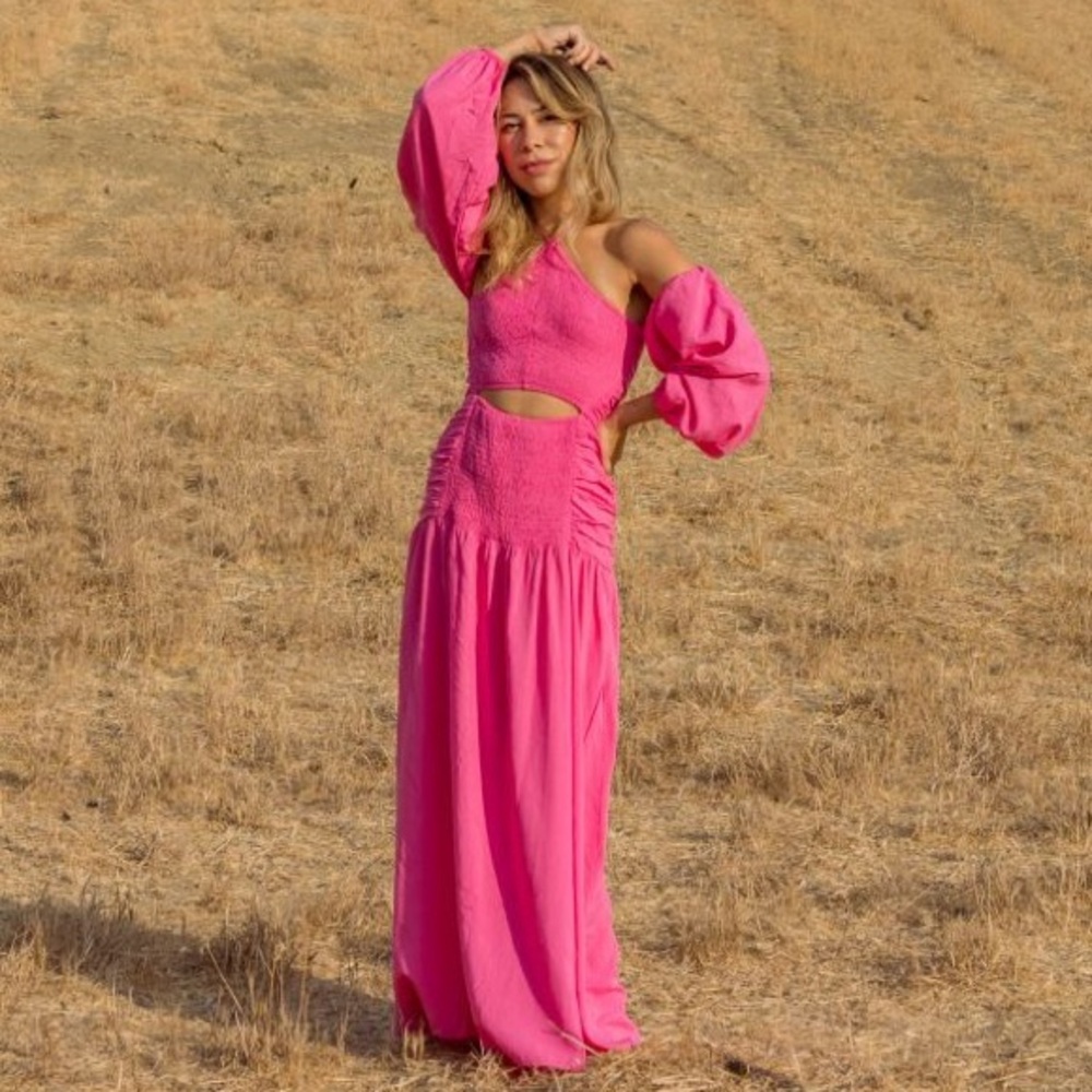 Petal & Pup Pink Off The Shoulder Shirred Tie Back Maxi Dress